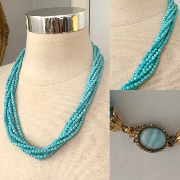 Vintage Antique Aqua glass bead necklace Multi strand 22” turquoise Blue beaded - Picture 5 of 10